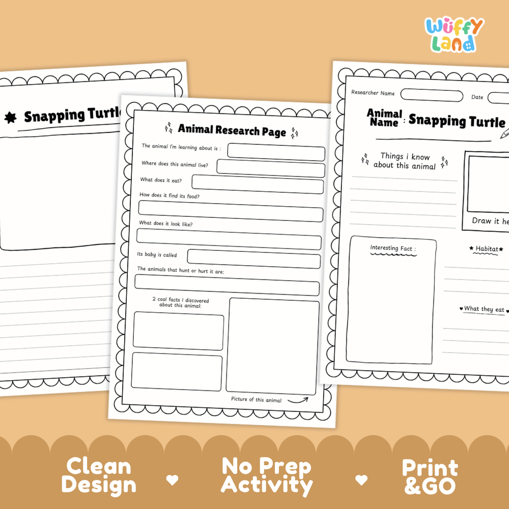 Snapping Turtle Animal Research Worksheets and Informational Fact Sheets