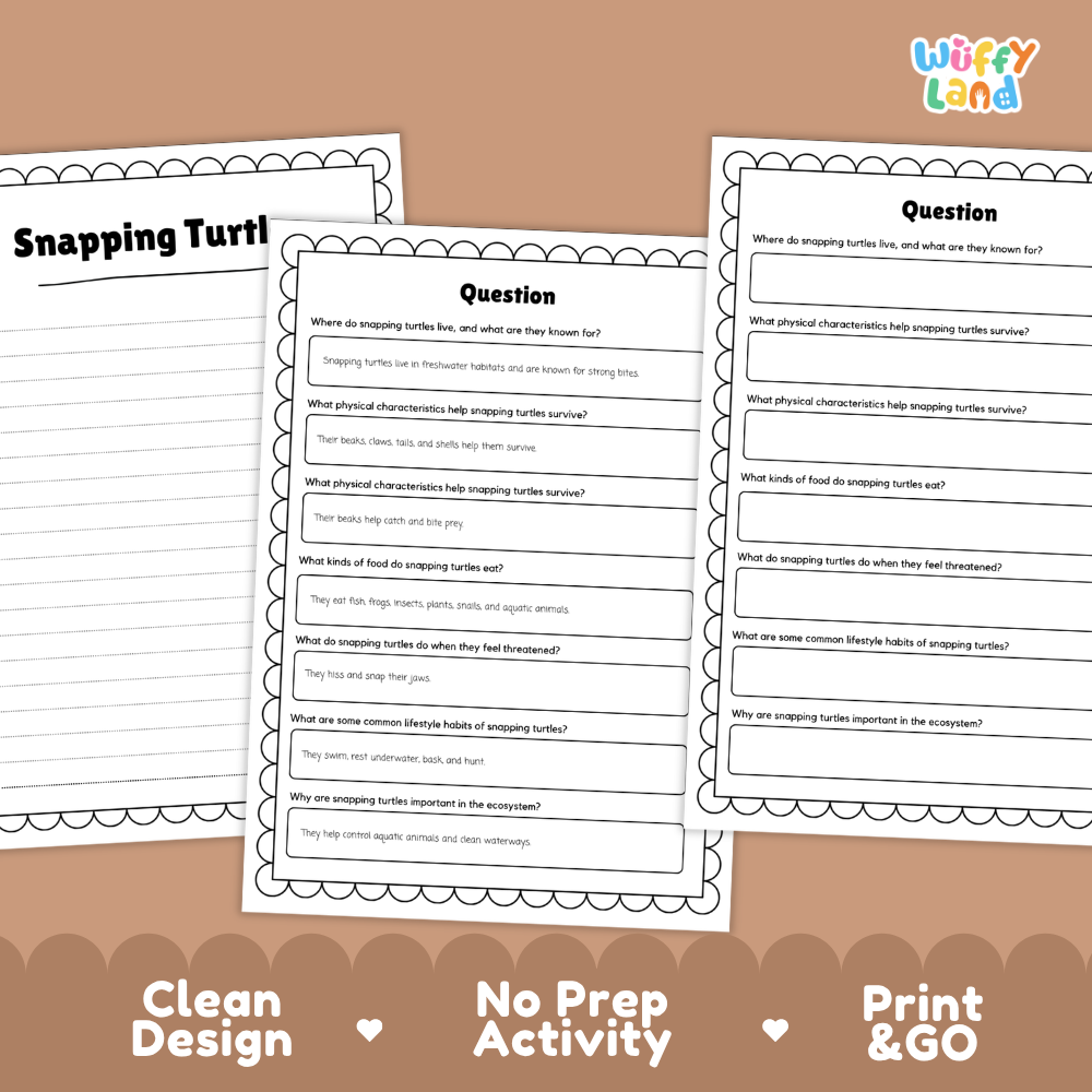 Snapping Turtle Reading Passage and Comprehension Questions with Answer Key