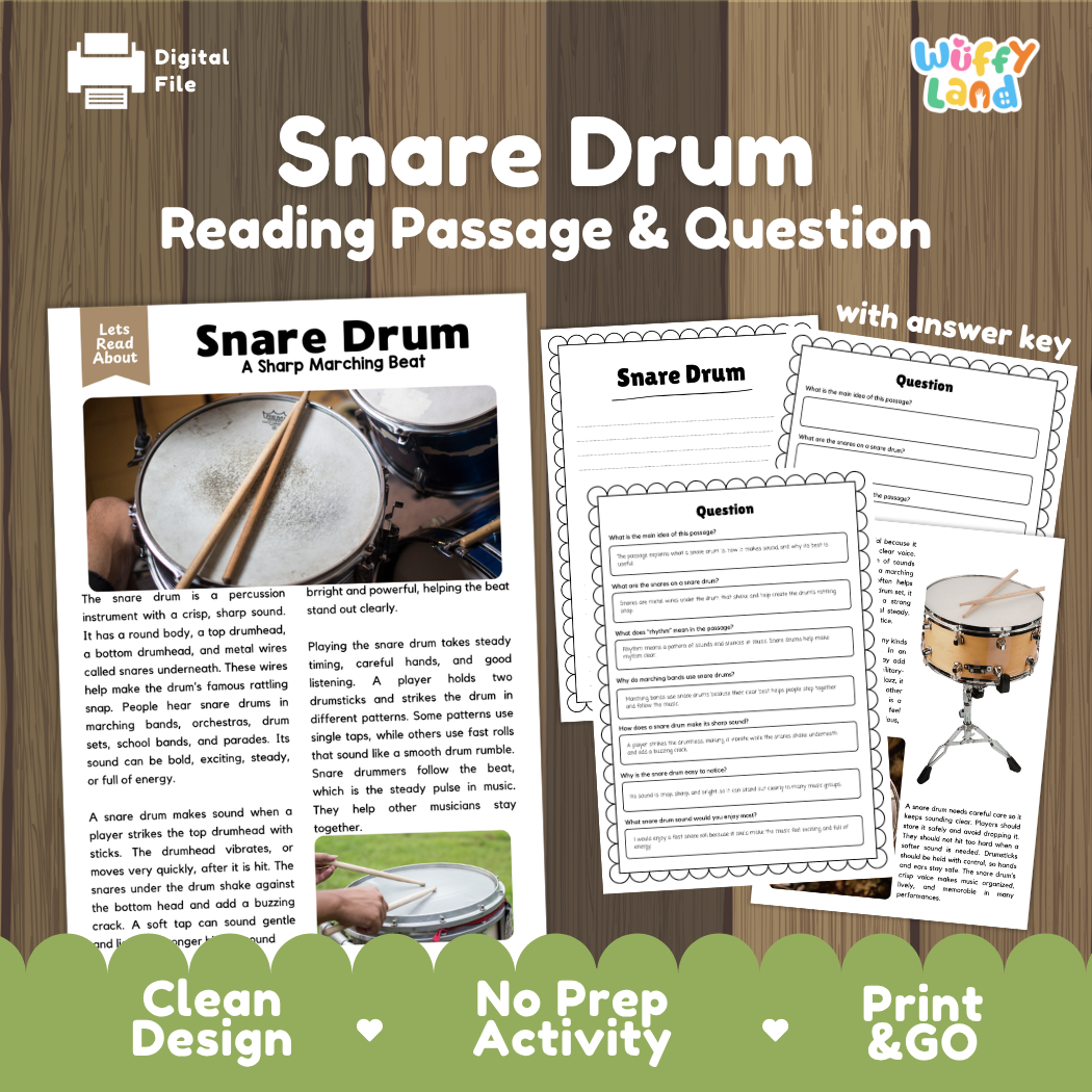 Snare Drum reading comprehension passage and questions printable activity pack with answer key for elementary students
