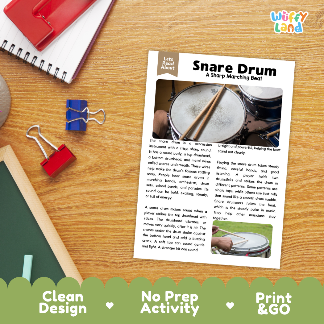 Student reading comprehension worksheet with short-answer questions and lined sections about the snare drum instrument