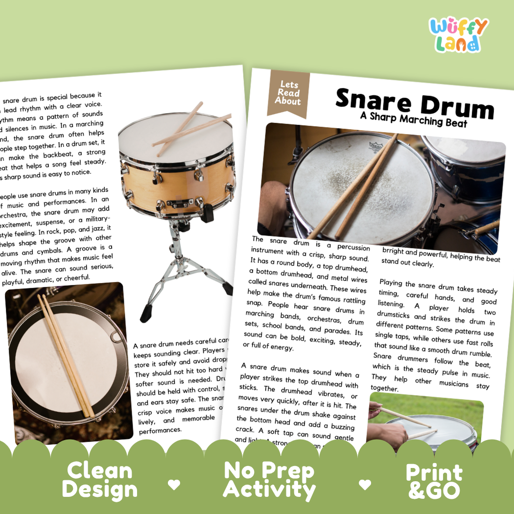 Teacher answer key page showing complete question solutions for Snare Drum music education reading comprehension practice