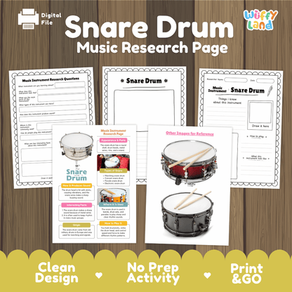 Snare Drum Music Research Page Worksheets and Fact Sheet