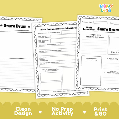 Snare Drum Music Research Page Worksheets and Fact Sheet