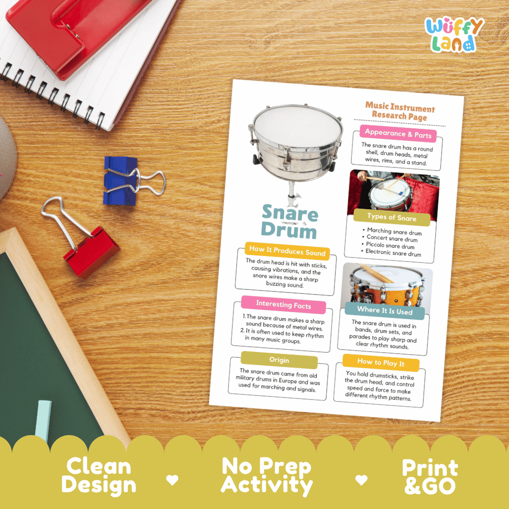 Snare Drum Music Research Page Worksheets and Fact Sheet