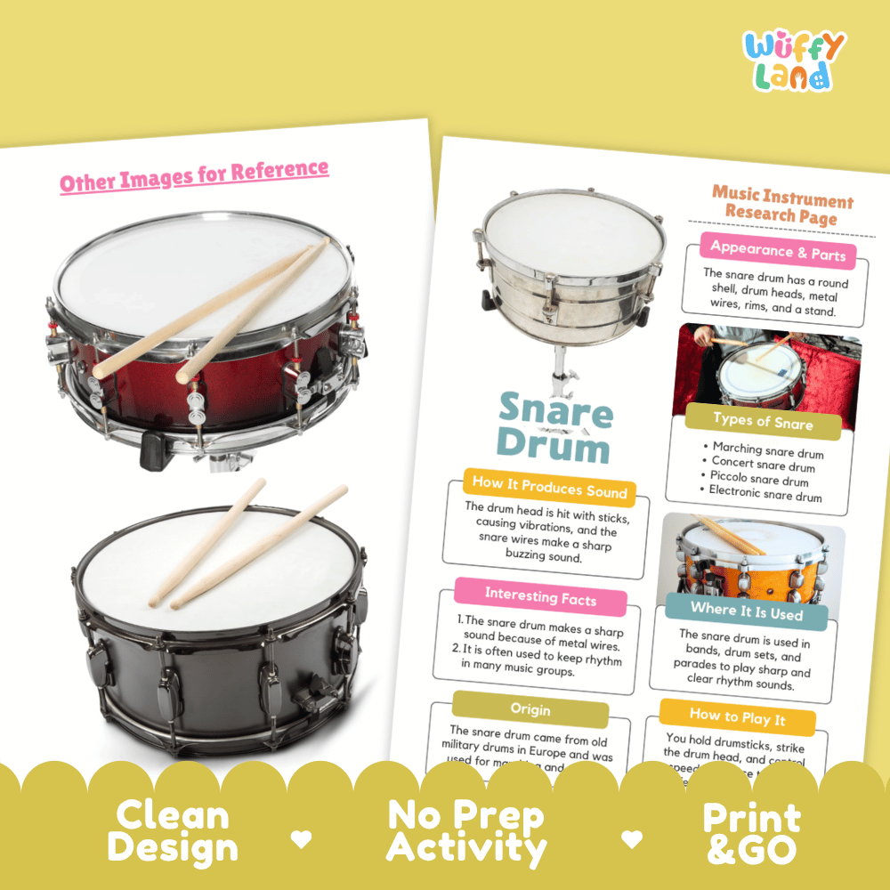 Snare Drum Music Research Page Worksheets and Fact Sheet