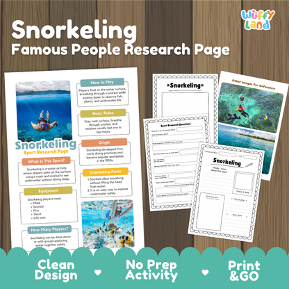 Snorkeling Water Sport Research Project Worksheets and Fact Sheet