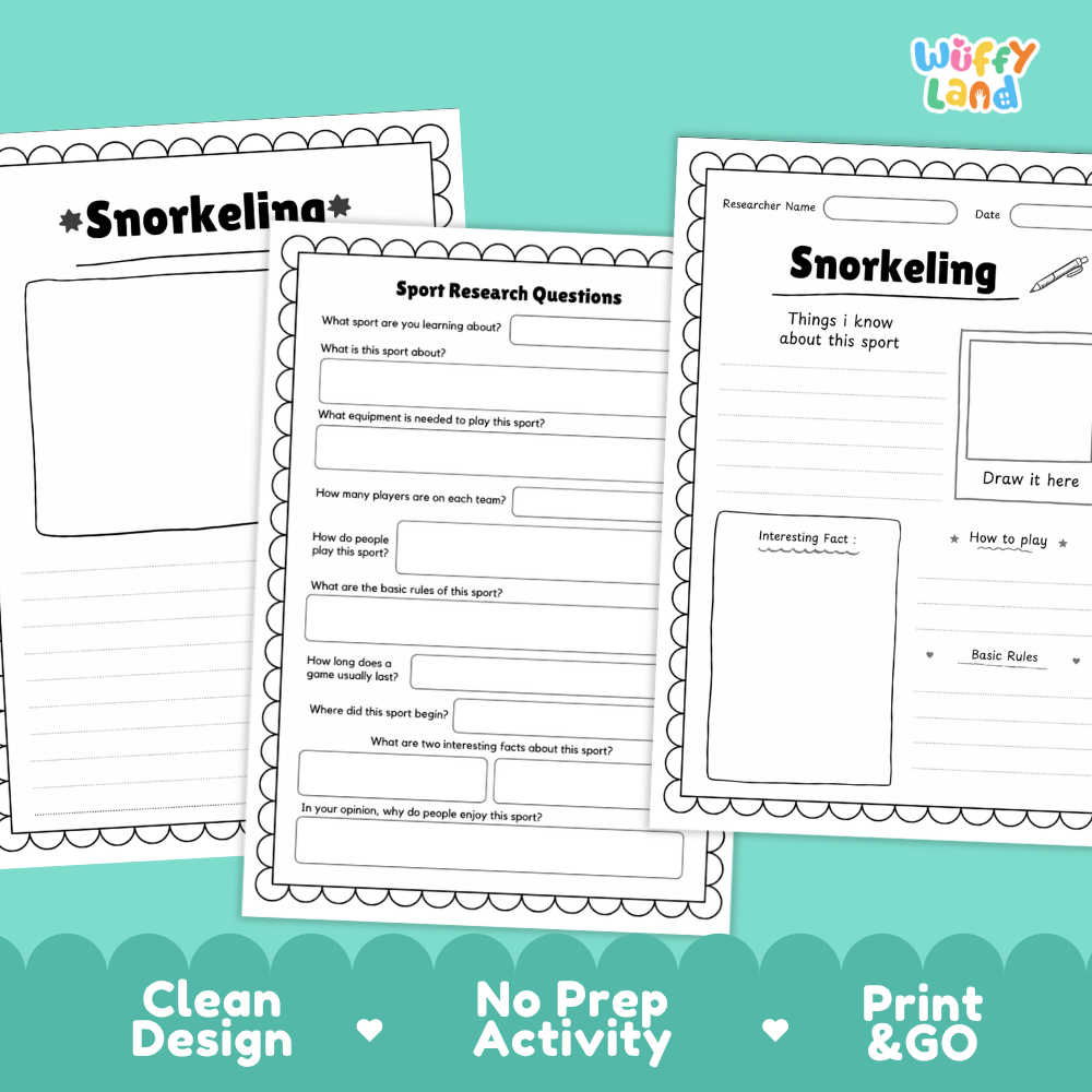 Snorkeling Water Sport Research Project Worksheets and Fact Sheet