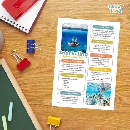 Snorkeling Water Sport Research Project Worksheets and Fact Sheet