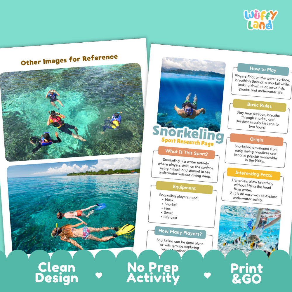 Snorkeling Water Sport Research Project Worksheets and Fact Sheet