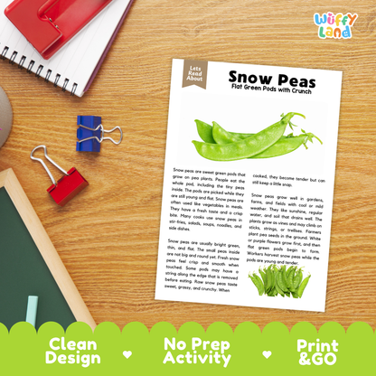 Student reading comprehension worksheet with short-answer questions and lined sections about snow peas