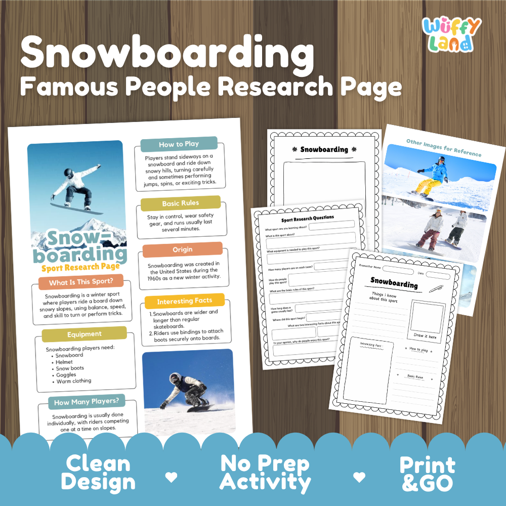 A product listing graphic for a 'Snowboarding Famous People Research Page' activity sheet by 'Wiffy Land'. The graphic shows three printed educational pages laid out on a dark wood background, with promotional text at the top and bottom highlighting 'Clean Design', 'No Prep Activity', and 'Print & GO'.