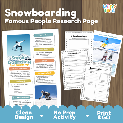 A product listing graphic for a 'Snowboarding Famous People Research Page' activity sheet by 'Wiffy Land'. The graphic shows three printed educational pages laid out on a dark wood background, with promotional text at the top and bottom highlighting 'Clean Design', 'No Prep Activity', and 'Print & GO'.
