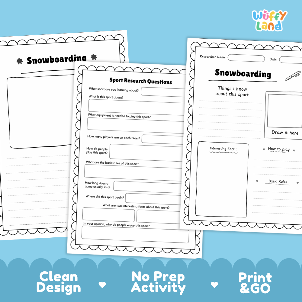 Three printable worksheet pages about snowboarding are shown on a light blue background with marketing text at the bottom. The pages are white with black outlines and text, and the brand name 'Wiffly Land' appears in the top right corner.