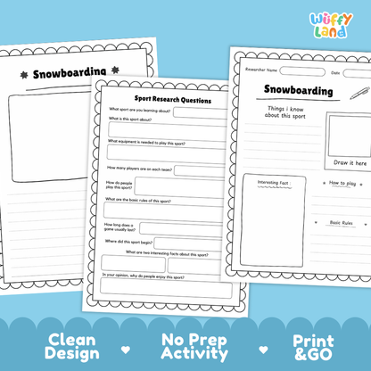 Three printable worksheet pages about snowboarding are shown on a light blue background with marketing text at the bottom. The pages are white with black outlines and text, and the brand name 'Wiffly Land' appears in the top right corner.