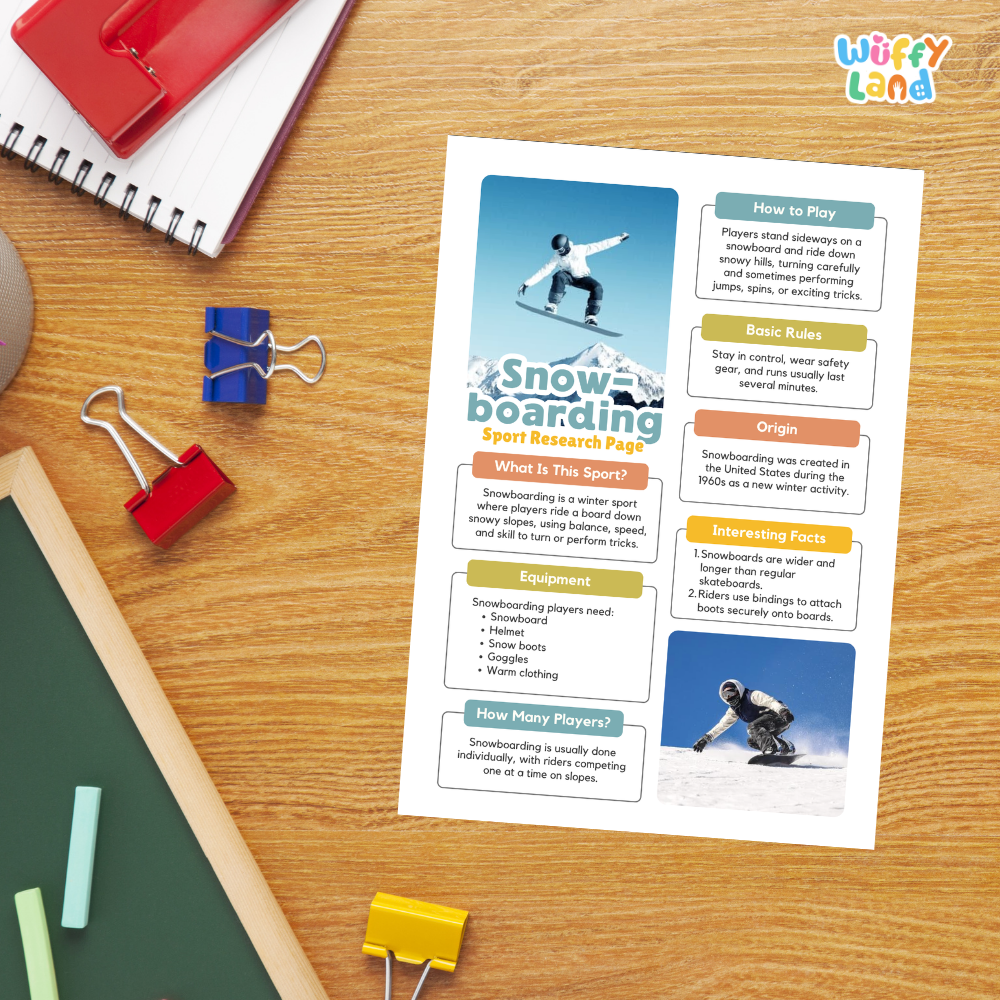 A printed snowboarding educational poster laid on a wooden desk, surrounded by school supplies including a spiral notebook, red and blue binder clips, a green chalkboard, and a yellow pencil. The poster has colorful text sections about snowboarding rules, history, equipment, and how to play, with photos of snowboarders.
