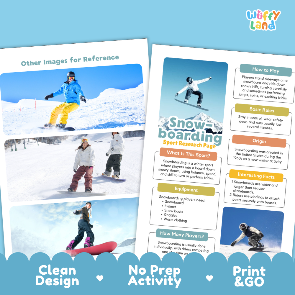 Two printed activity sheets for snowboarding displayed on a light blue background. The sheets feature photos of people snowboarding, text sections such as 'How to Play,' 'Basic Rules,' 'What Is This?', 'Origin,' 'Interesting Facts,' and 'How Many Players?', and decorative blue footer banners reading 'Clean Design,' 'No Prep Activity,' and 'Print & GO.