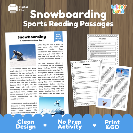 Digital preview of 'Snowboarding Sports Reading Passages' by Wiffly Land, showing a sample reading passage with a photo, worksheet pages, and a blue promotional banner on a wood background.