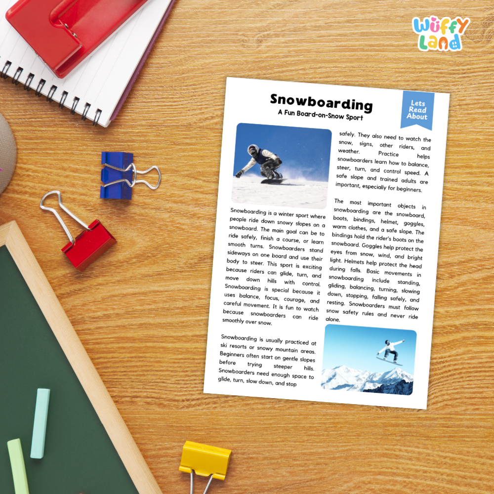 A printed educational worksheet about snowboarding, displayed on a wooden desk with school supplies including a spiral notebook, binder clips, and a green folder. The worksheet features text and two photos of snowboarders.