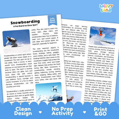 An educational snowboarding poster from Wuffy Land, featuring a colorful header with the title 'Snowboarding: A Fun Board-on-Snow Sport' and a small action photo. The lower section has three heart-shaped icons above the text 'Clean Design', 'No Prep Activities', and 'Print PG+' on a white background.
