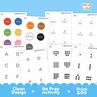Printable activity sheets showing letter sorting grids, color boards, and snowman face tokens