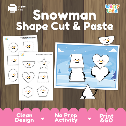 Snowman shape cut and paste cover showing printable geometric shape sheets and snowy background scene with assembled snowmen