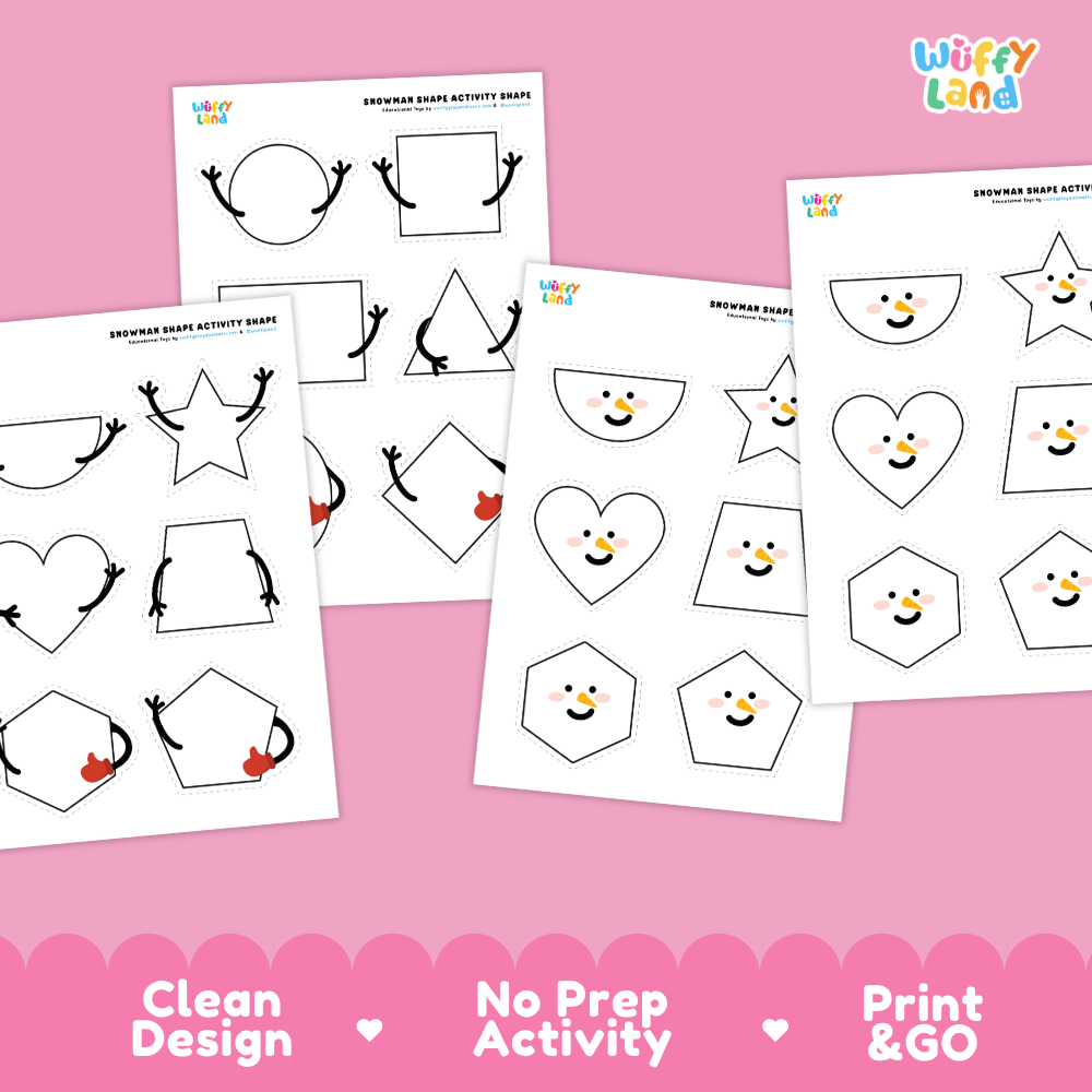 Printable activity sheets showing circles, squares, rectangles, hearts, stars, and hexagons styled with snowman faces
