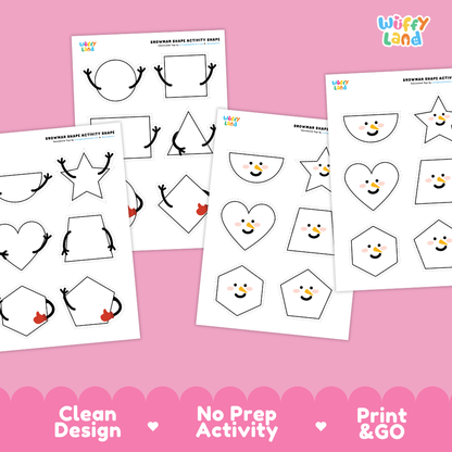 Printable activity sheets showing circles, squares, rectangles, hearts, stars, and hexagons styled with snowman faces
