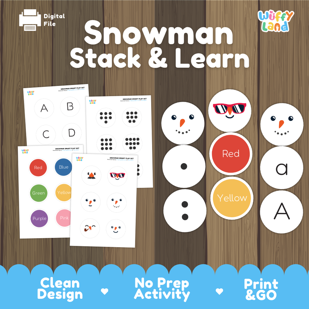 Snowman stack and learn cover showing printable learning mats and circular stacking pieces