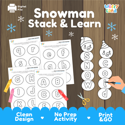 Snowman Stack & Learn printable activity sheet set by Wiffy Land, shown on a wood background with snowflake decorations. The image includes printed worksheet pages, a partially completed snowman figure, crayons, scissors, and a hand holding a marker, with text highlighting clean design, no prep activity, and print & go usability.