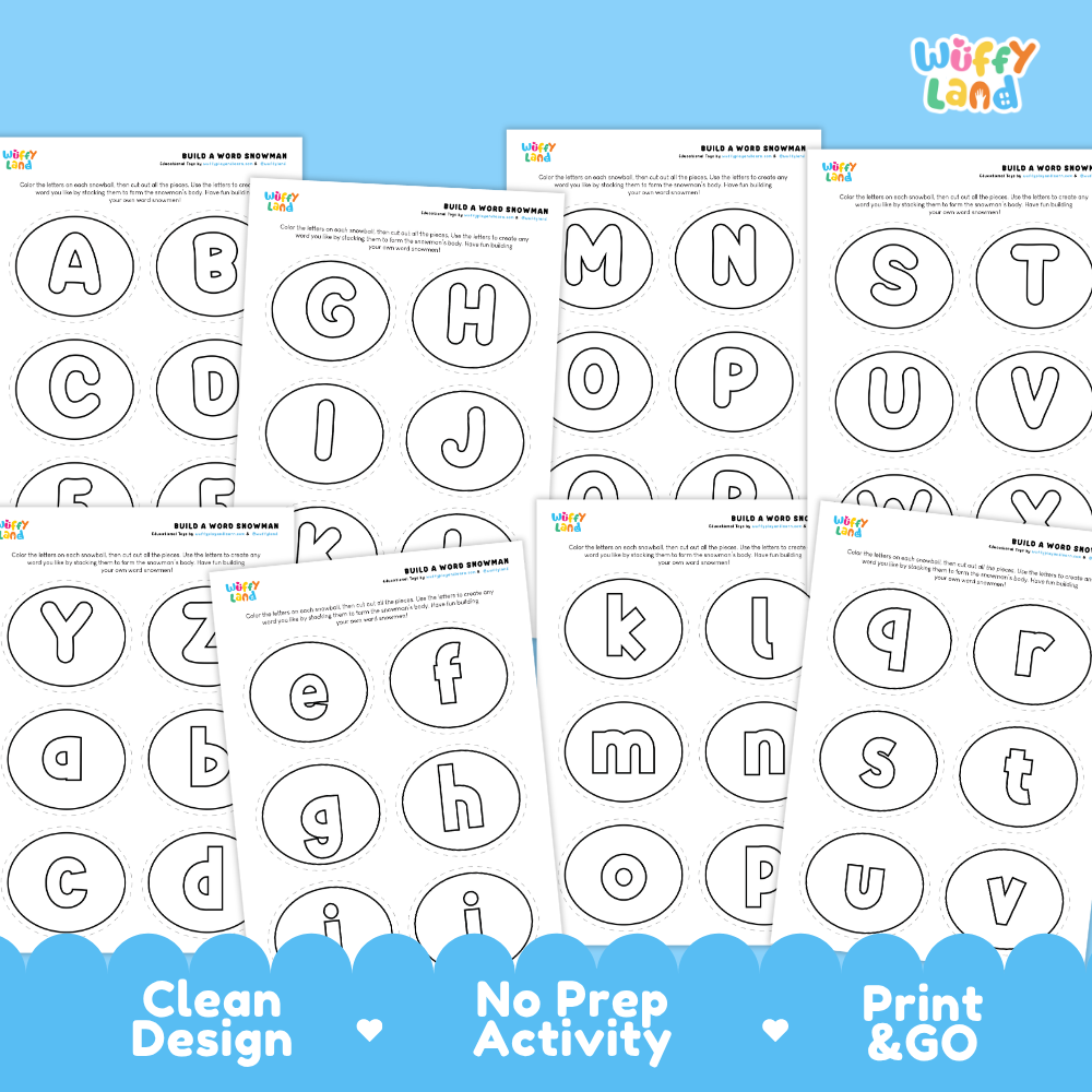 Six printable alphabet activity sheets from Wiffy Land arranged in an overlapping fan layout on a light blue background. The sheets feature large outlined uppercase and lowercase letters inside circles, with small activity instructions at the top.