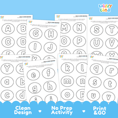 Six printable alphabet activity sheets from Wiffy Land arranged in an overlapping fan layout on a light blue background. The sheets feature large outlined uppercase and lowercase letters inside circles, with small activity instructions at the top.