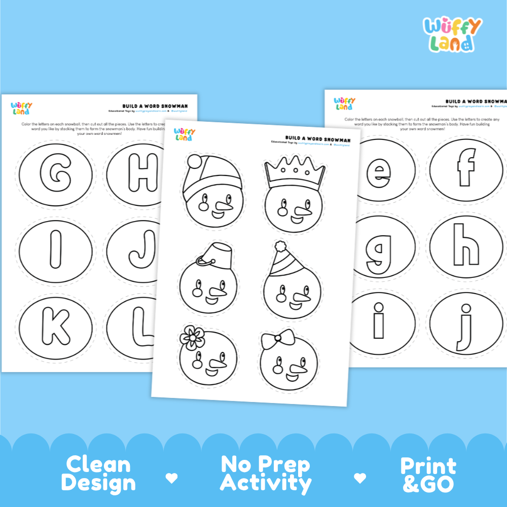 Three printable activity sheets from Wiffy Land showing alphabet letter circles with cartoon pumpkin faces, arranged on a light blue background with promotional text at the bottom.