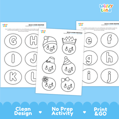 Three printable activity sheets from Wiffy Land showing alphabet letter circles with cartoon pumpkin faces, arranged on a light blue background with promotional text at the bottom.