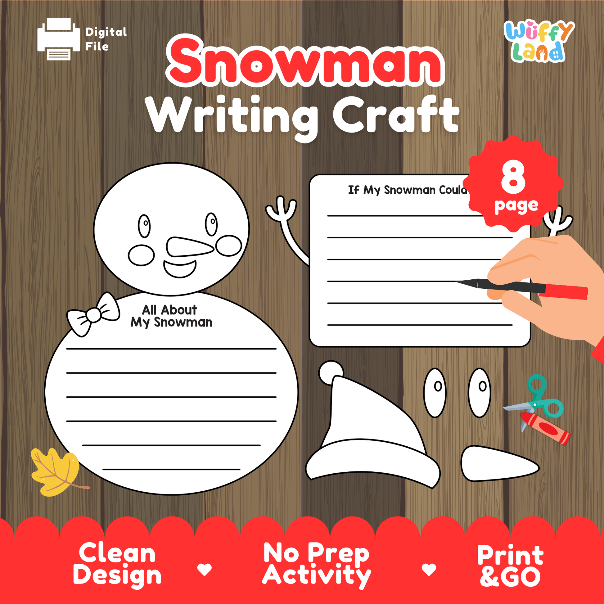 Printable snowman writing craft featuring a snowman outline with writing lines, a “If My Snowman Could Talk” writing prompt sheet, and cut-out pieces such as a hat, eyes, nose, and accessories for kids to assemble and decorate
