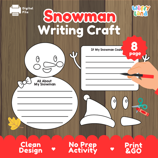 Printable snowman writing craft featuring a snowman outline with writing lines, a “If My Snowman Could Talk” writing prompt sheet, and cut-out pieces such as a hat, eyes, nose, and accessories for kids to assemble and decorate