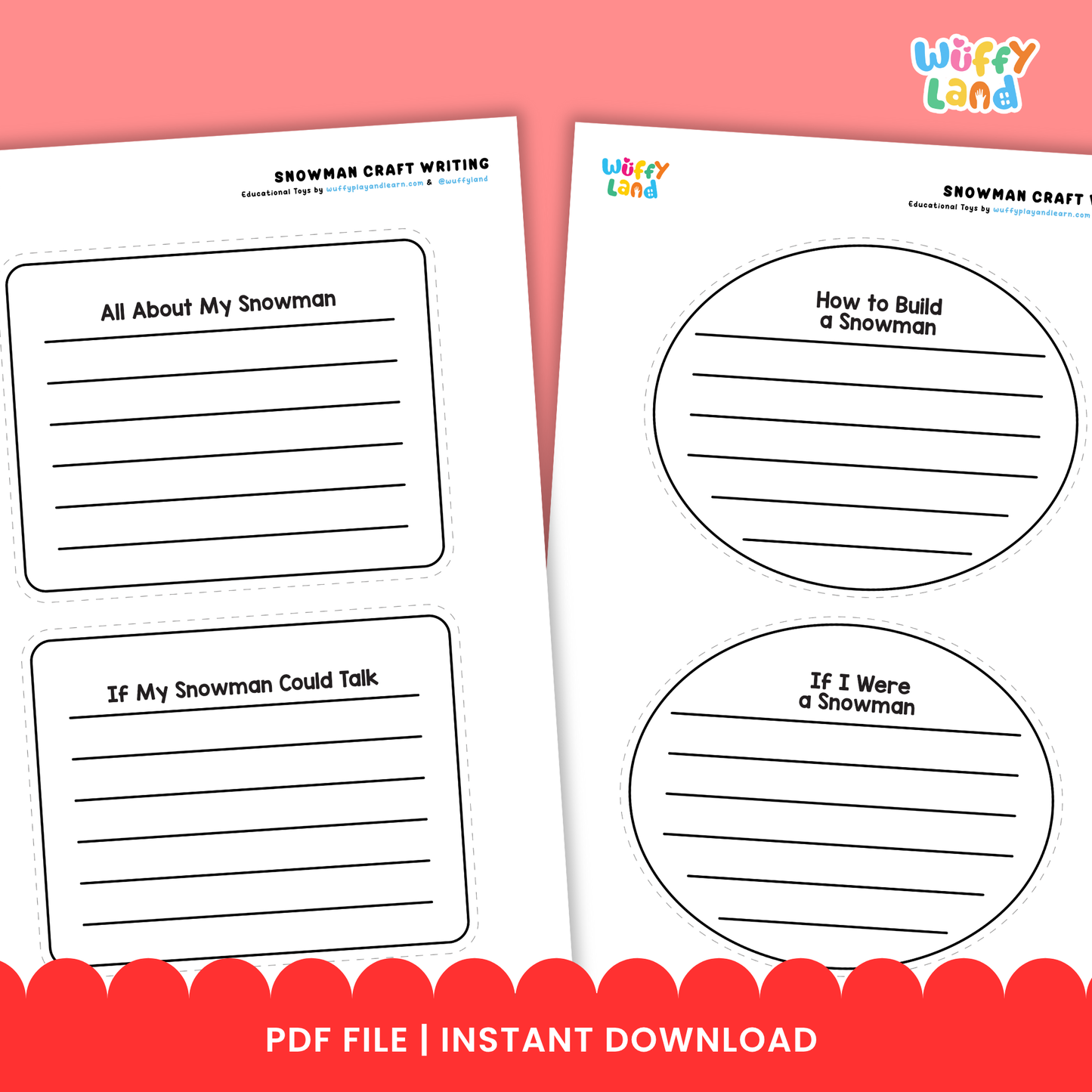 Printable snowman writing craft featuring a snowman outline with writing lines, a “If My Snowman Could Talk” writing prompt sheet, and cut-out pieces such as a hat, eyes, nose, and accessories for kids to assemble and decorate