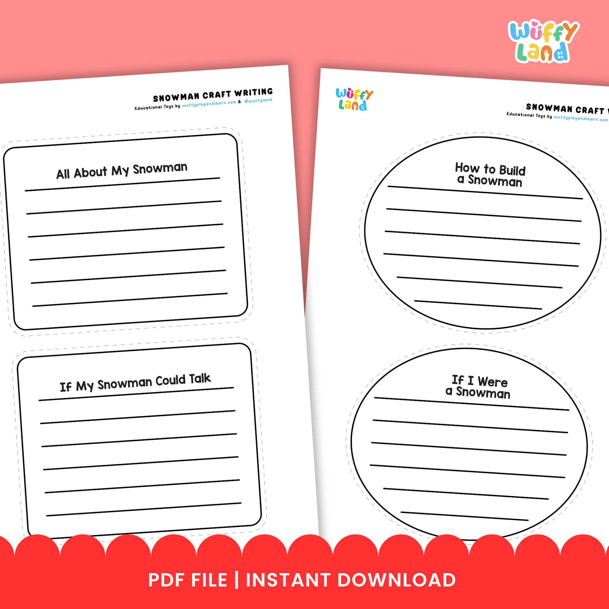 Printable snowman writing craft featuring a snowman outline with writing lines, a “If My Snowman Could Talk” writing prompt sheet, and cut-out pieces such as a hat, eyes, nose, and accessories for kids to assemble and decorate