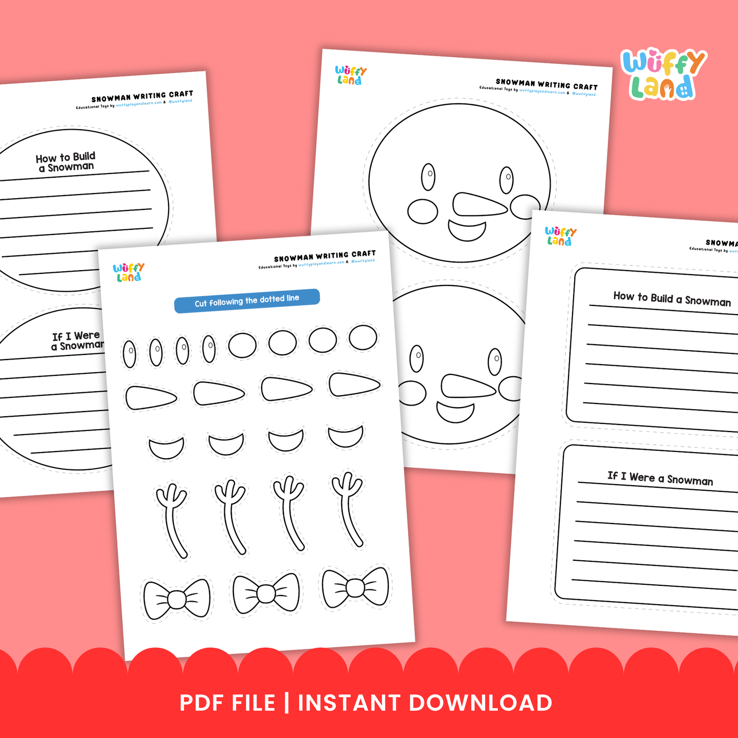 Printable snowman writing craft featuring a snowman outline with writing lines, a “If My Snowman Could Talk” writing prompt sheet, and cut-out pieces such as a hat, eyes, nose, and accessories for kids to assemble and decorate