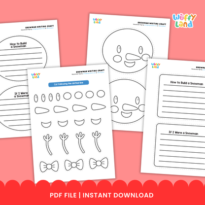 Printable snowman writing craft featuring a snowman outline with writing lines, a “If My Snowman Could Talk” writing prompt sheet, and cut-out pieces such as a hat, eyes, nose, and accessories for kids to assemble and decorate