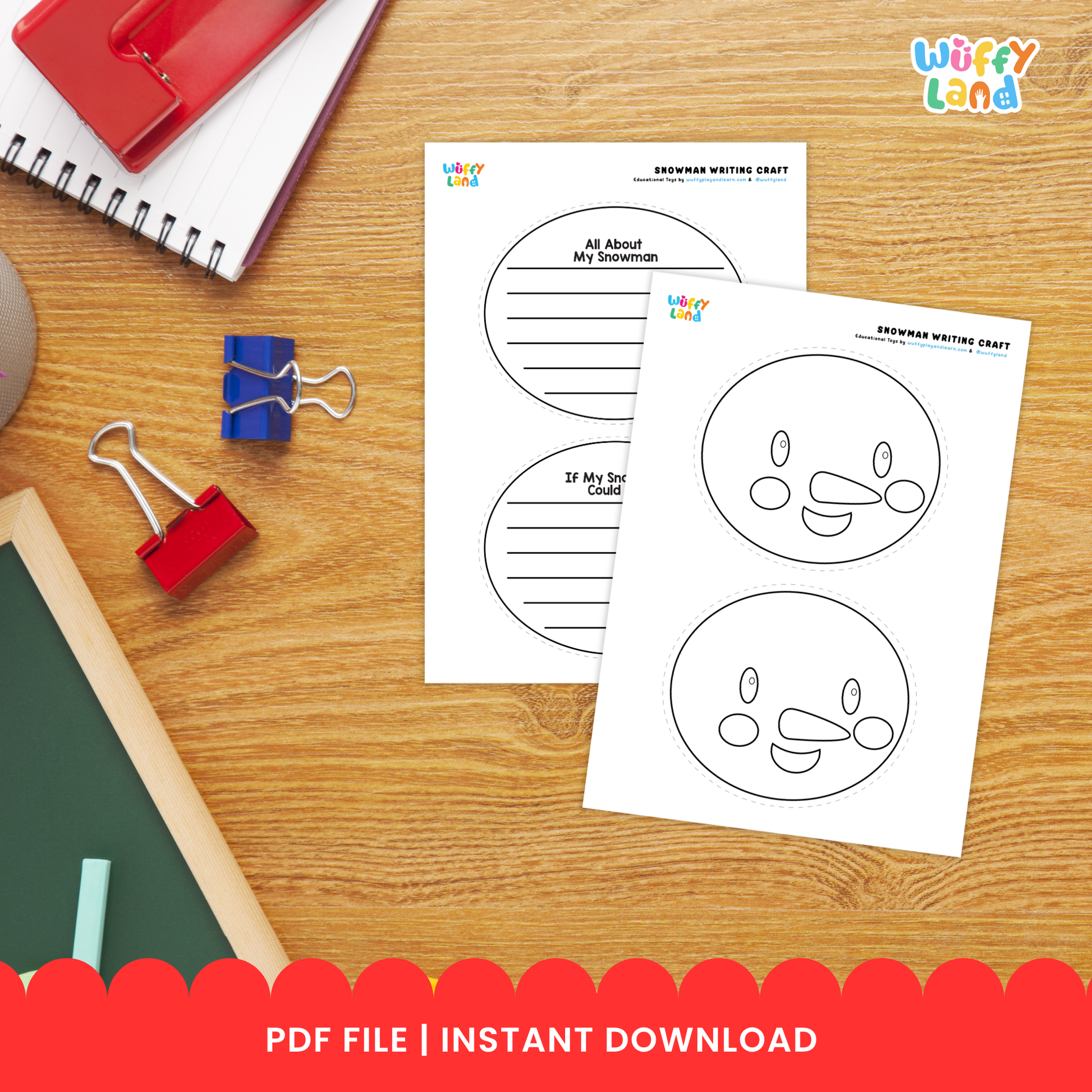 Printable snowman writing craft featuring a snowman outline with writing lines, a “If My Snowman Could Talk” writing prompt sheet, and cut-out pieces such as a hat, eyes, nose, and accessories for kids to assemble and decorate 