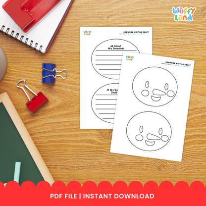 Printable snowman writing craft featuring a snowman outline with writing lines, a “If My Snowman Could Talk” writing prompt sheet, and cut-out pieces such as a hat, eyes, nose, and accessories for kids to assemble and decorate 