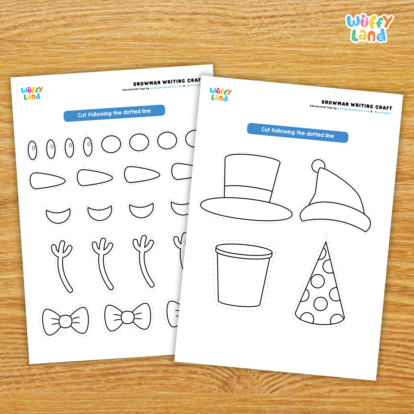 Printable snowman writing craft featuring a snowman outline with writing lines, a “If My Snowman Could Talk” writing prompt sheet, and cut-out pieces such as a hat, eyes, nose, and accessories for kids to assemble and decorate