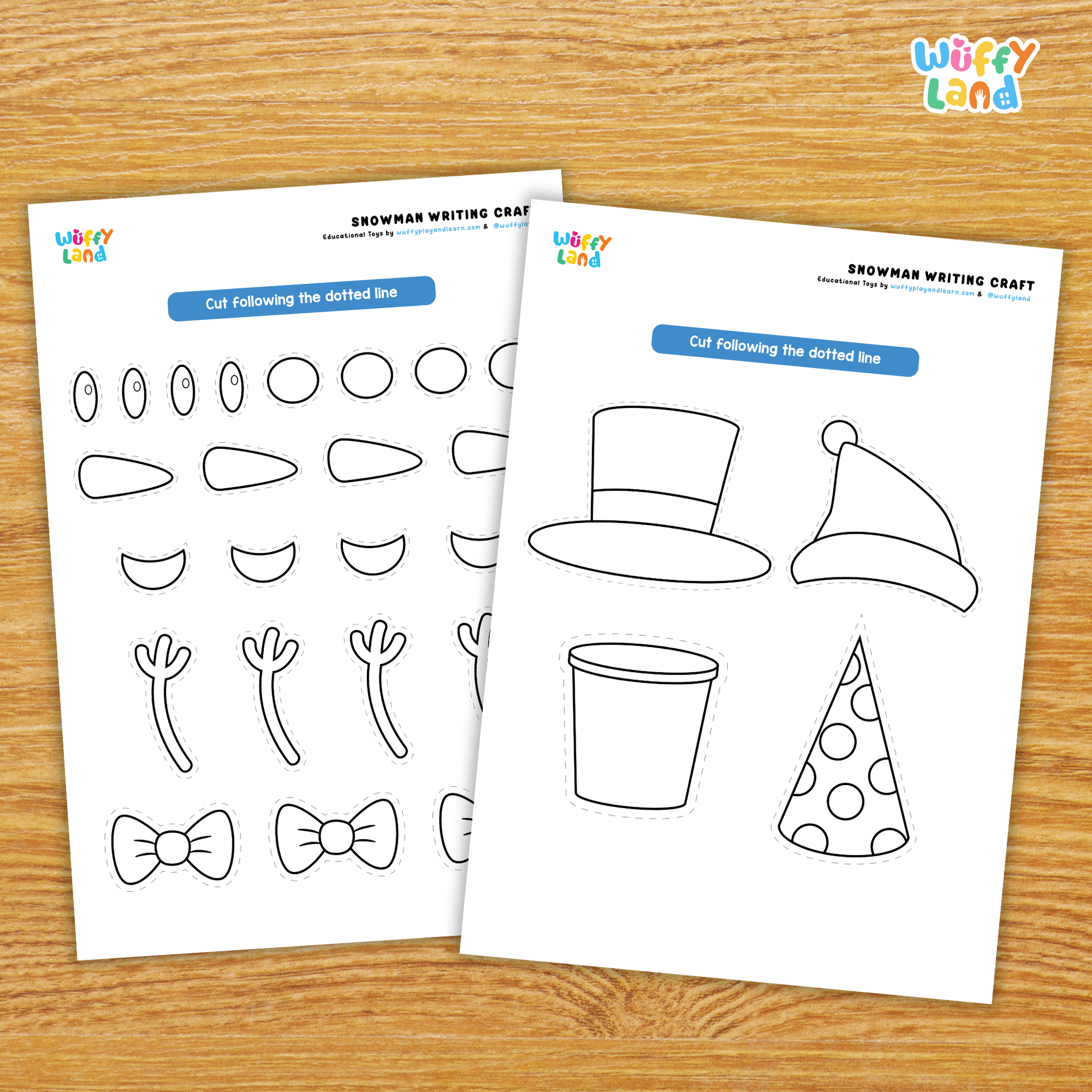 Printable snowman writing craft featuring a snowman outline with writing lines, a “If My Snowman Could Talk” writing prompt sheet, and cut-out pieces such as a hat, eyes, nose, and accessories for kids to assemble and decorate