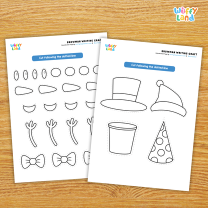 Printable snowman writing craft featuring a snowman outline with writing lines, a “If My Snowman Could Talk” writing prompt sheet, and cut-out pieces such as a hat, eyes, nose, and accessories for kids to assemble and decorate
