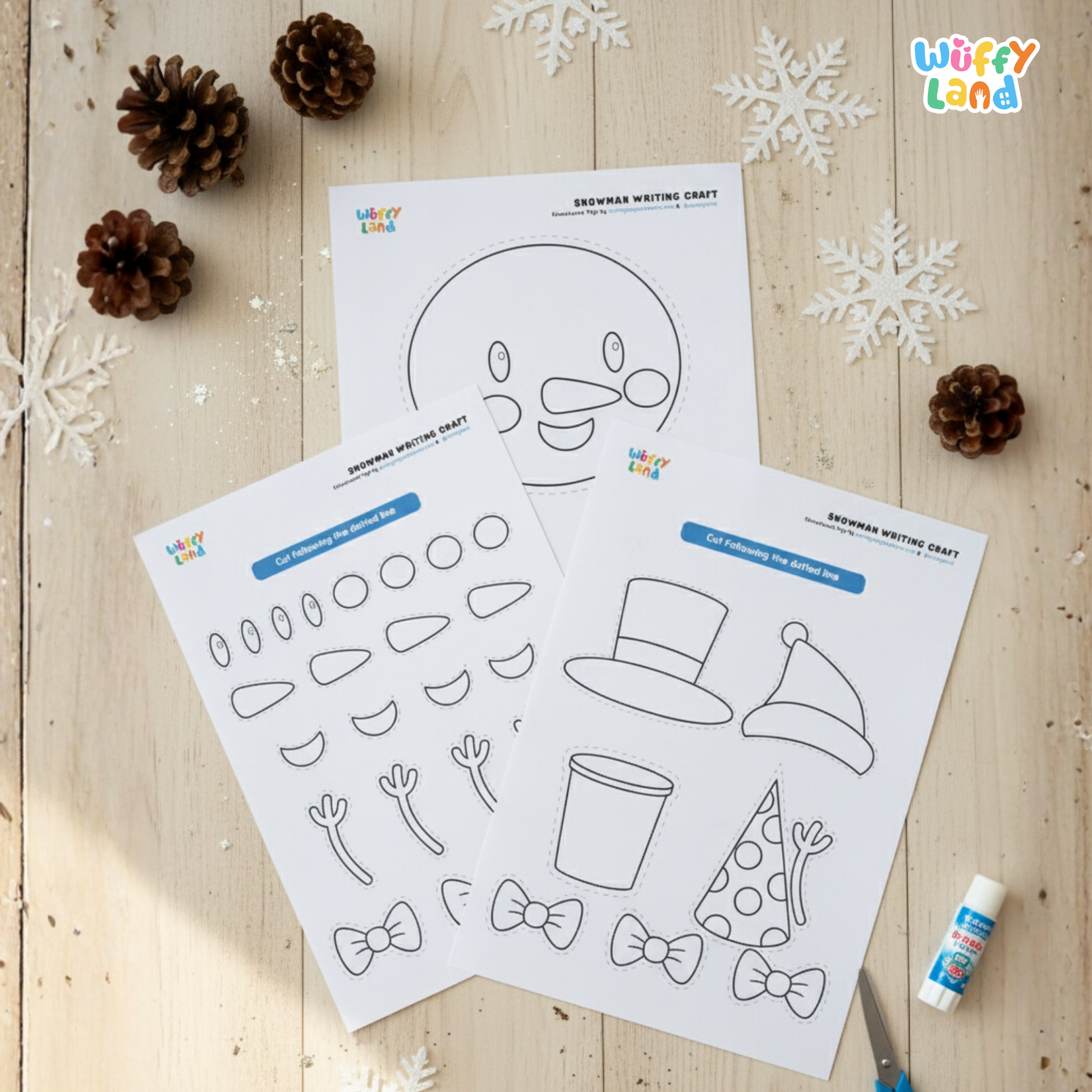 Printable snowman writing craft featuring a snowman outline with writing lines, a “If My Snowman Could Talk” writing prompt sheet, and cut-out pieces such as a hat, eyes, nose, and accessories for kids to assemble and decorate