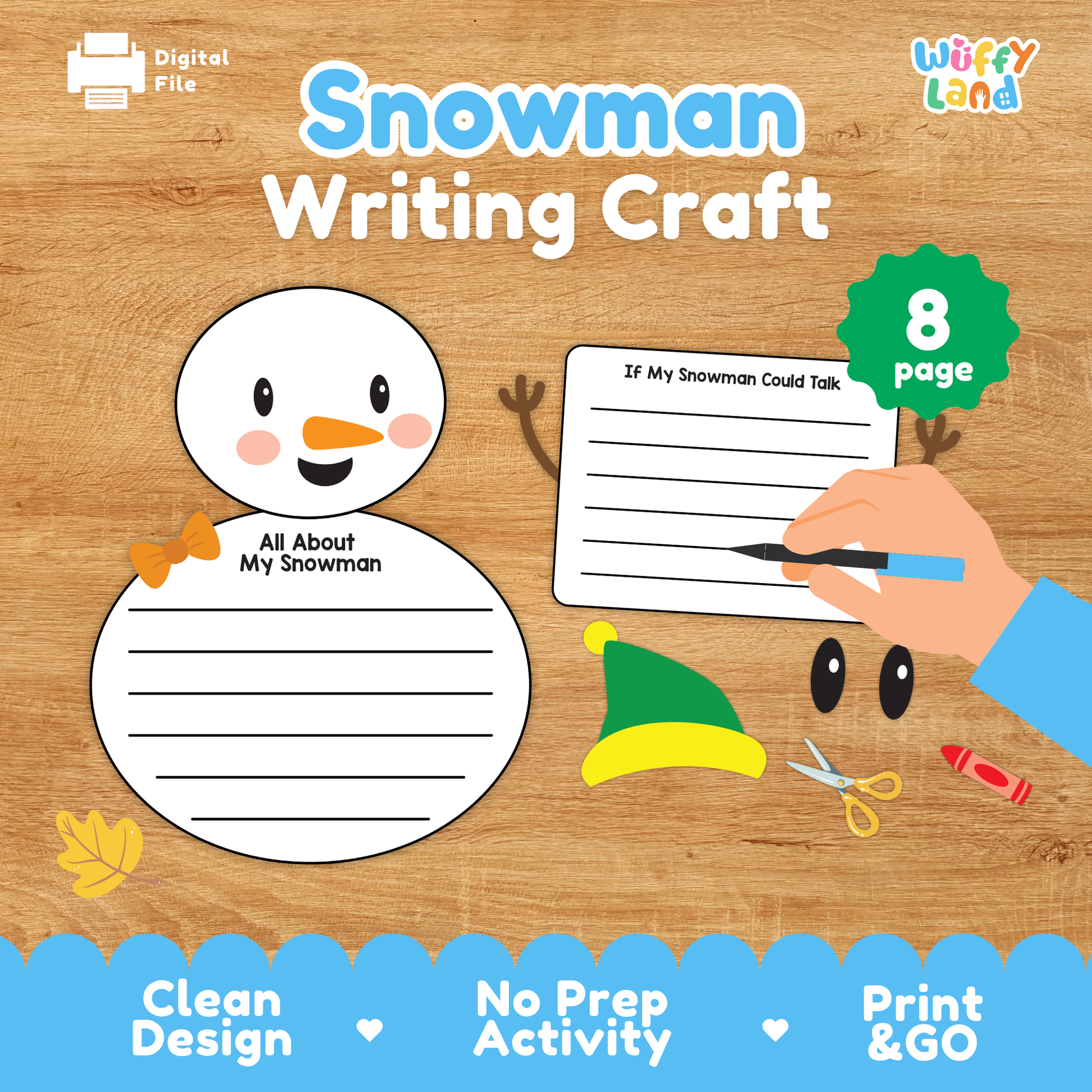 A printable snowman writing craft for kids featuring a snowman body with lined writing space, a separate writing prompt sheet titled “If My Snowman Could Talk,” and cut-and-paste accessories including a hat, eyes, carrot nose, bow, arms, and crayons