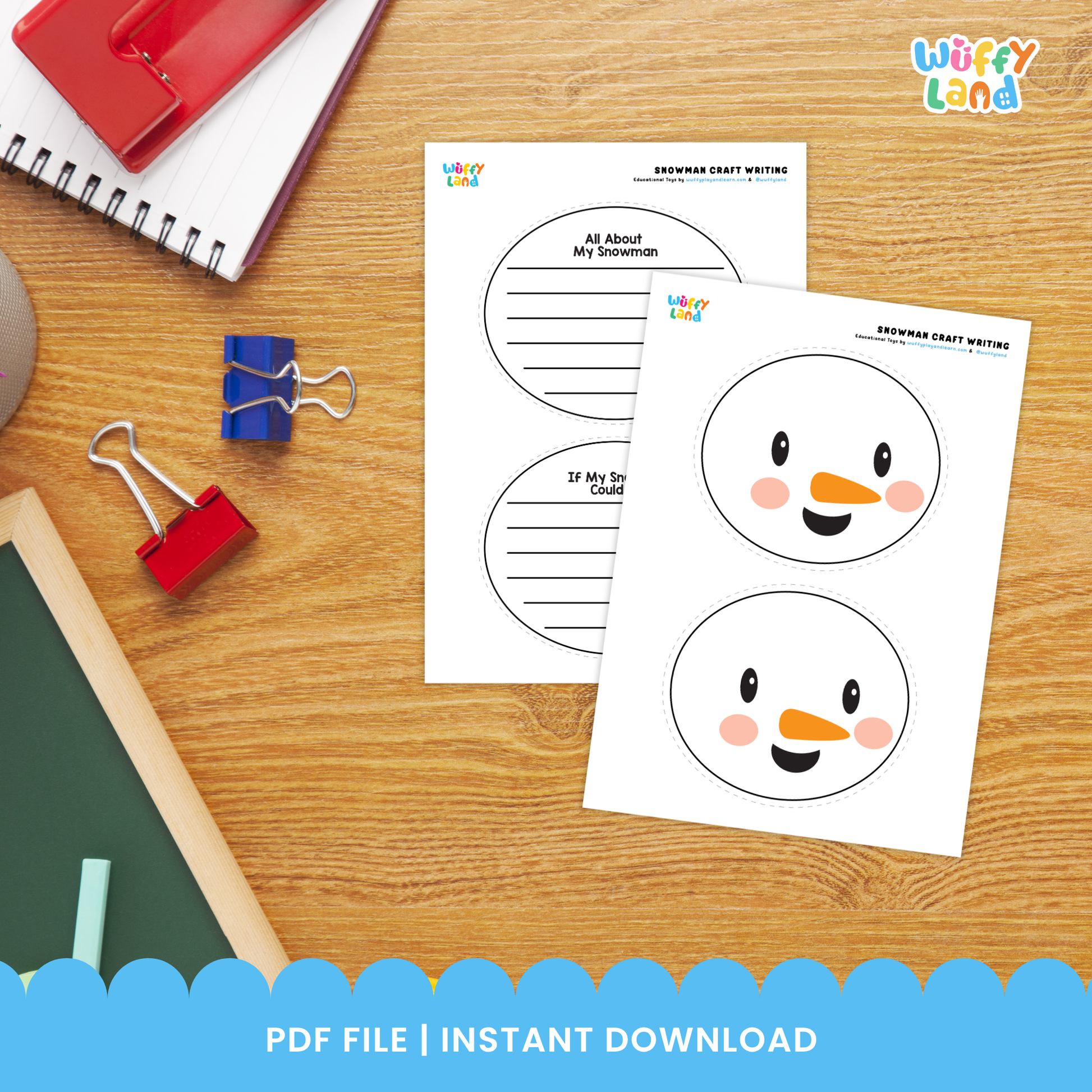 A printable snowman writing craft for kids featuring a snowman body with lined writing space, a separate writing prompt sheet titled “If My Snowman Could Talk,” and cut-and-paste accessories including a hat, eyes, carrot nose, bow, arms, and crayons