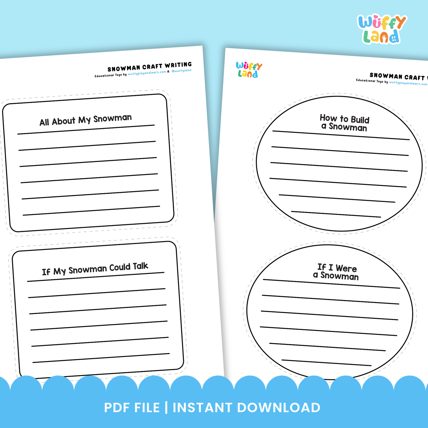 A printable snowman writing craft for kids featuring a snowman body with lined writing space, a separate writing prompt sheet titled “If My Snowman Could Talk,” and cut-and-paste accessories including a hat, eyes, carrot nose, bow, arms, and crayons.