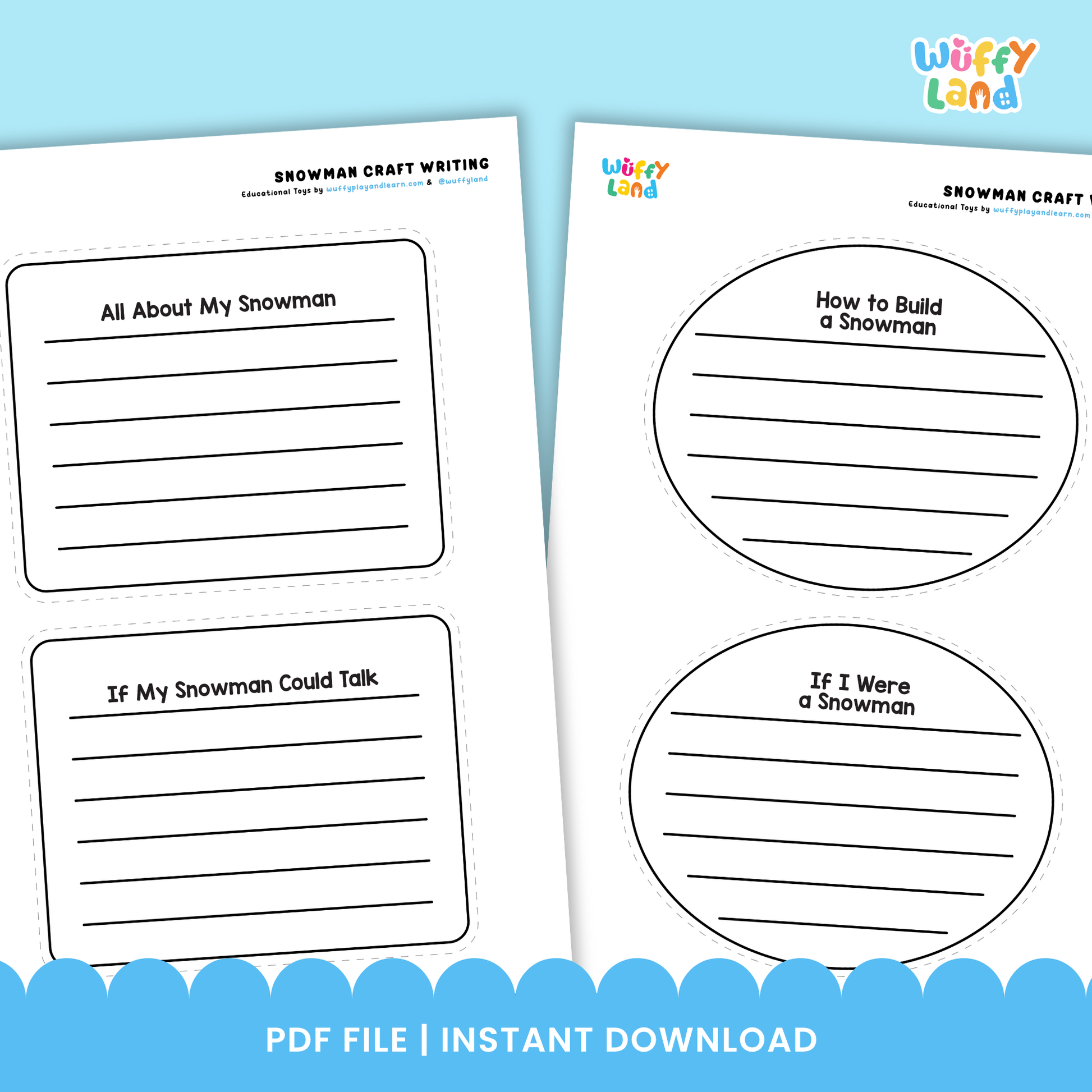 A printable snowman writing craft for kids featuring a snowman body with lined writing space, a separate writing prompt sheet titled “If My Snowman Could Talk,” and cut-and-paste accessories including a hat, eyes, carrot nose, bow, arms, and crayons.