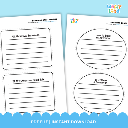 A printable snowman writing craft for kids featuring a snowman body with lined writing space, a separate writing prompt sheet titled “If My Snowman Could Talk,” and cut-and-paste accessories including a hat, eyes, carrot nose, bow, arms, and crayons.